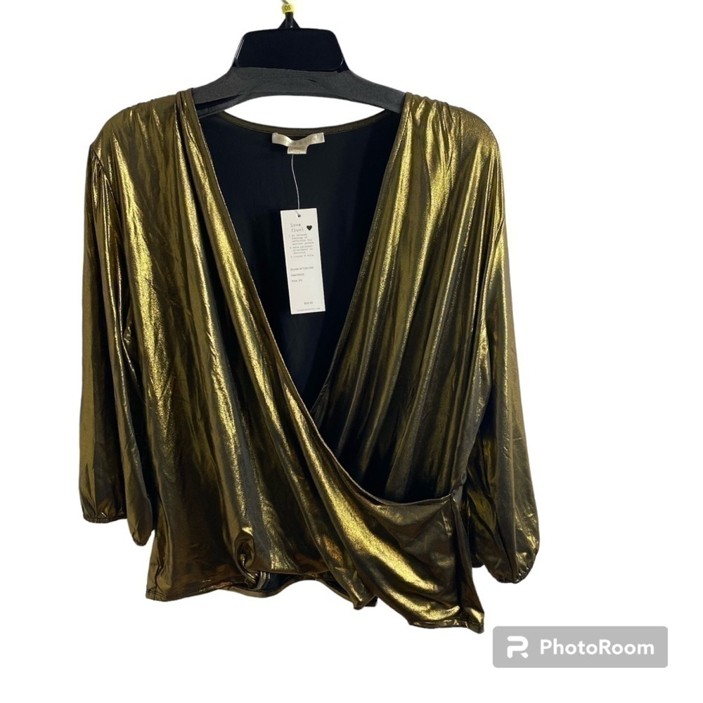 Cooper & Ella Gold Top NEW 2X Blouse Faux Wrap Deep V-neck Shirt